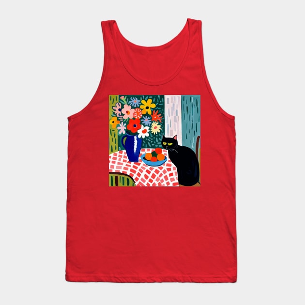 Black Cat in Still Life Painting with Flower Vase Tank Top by bragova